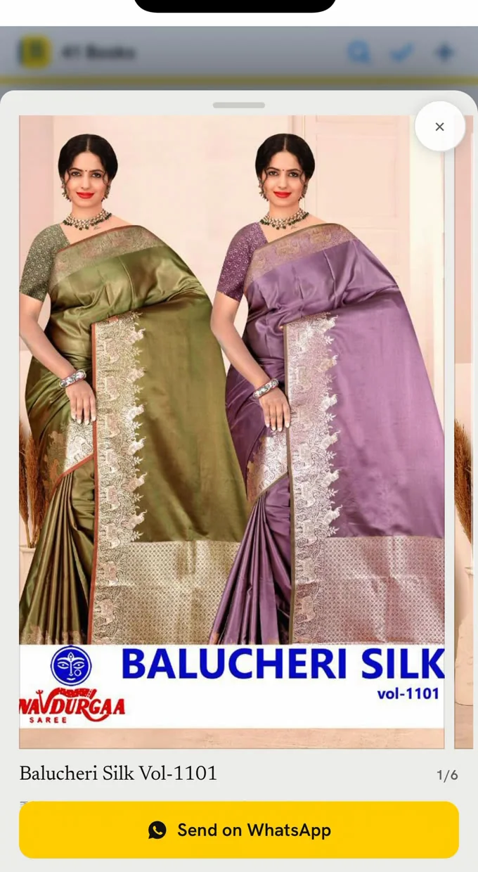 A catalogue open in Fabrary Book: the Balucheri Silk cover full-screen, its name and volume, and a yellow Send on WhatsApp button.