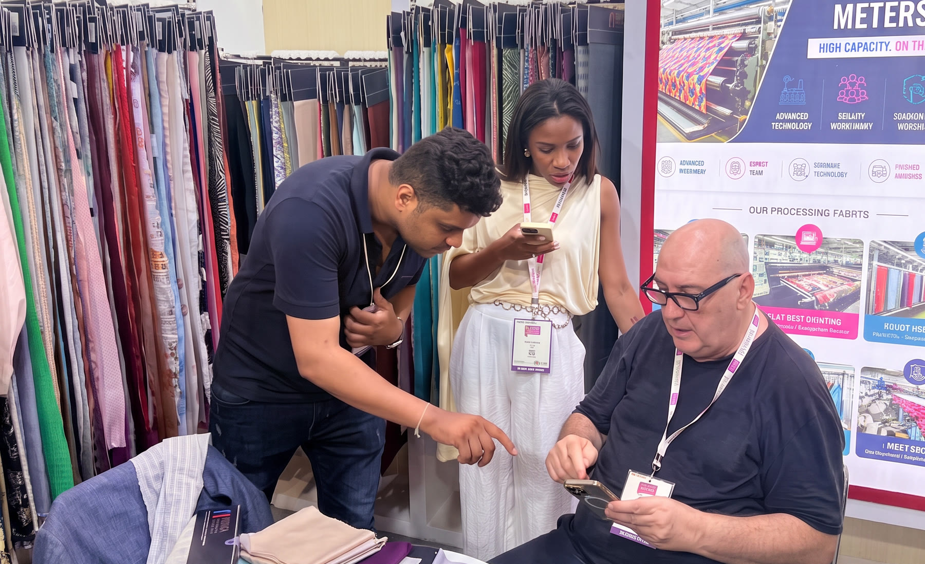Two overseas buyers at the Rungta International stand at Bharat Tex 2026 in New Delhi. The seated buyer is looking at Fabrary on his own phone while a Rungta salesman leans in to point at the screen; rails of hanging fabric fill the wall behind them.