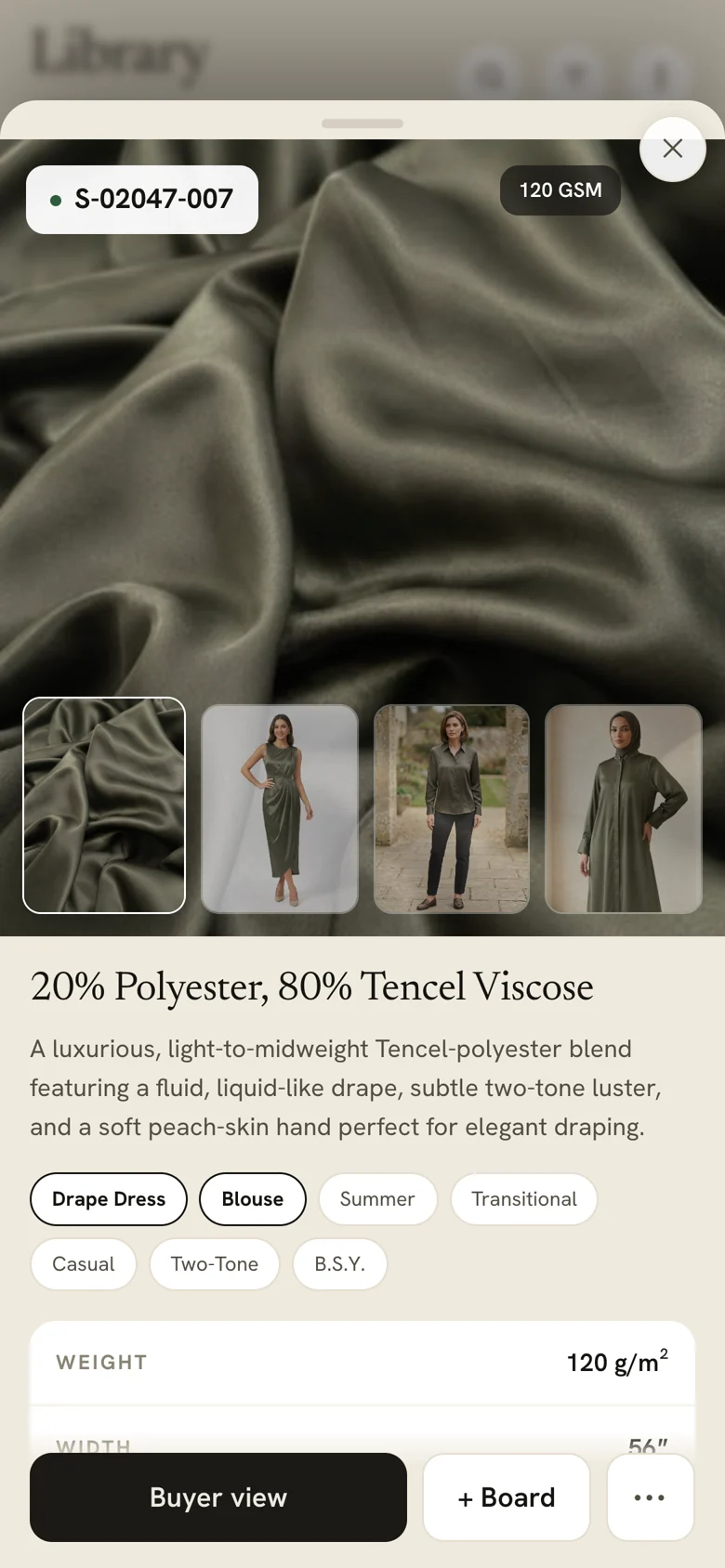A fabric open in Fabrary: a large photograph of olive satin marked S-02047-007 at 120 GSM, a filmstrip of the same cloth made up as a dress, a shirt and a kurta, then its composition, a written description, garment and season tags, and its weight and width.