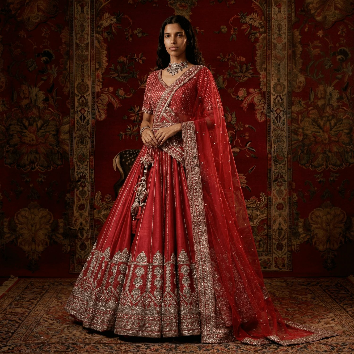 JMS Studio model in a royal red 36-kali bridal lehenga