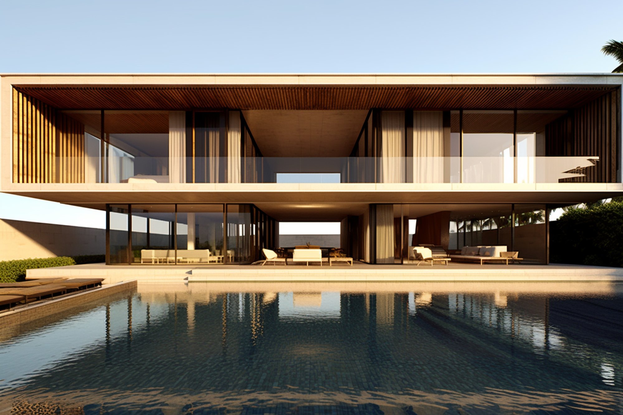 An elegant contemporary villa mirrored in a calm pool