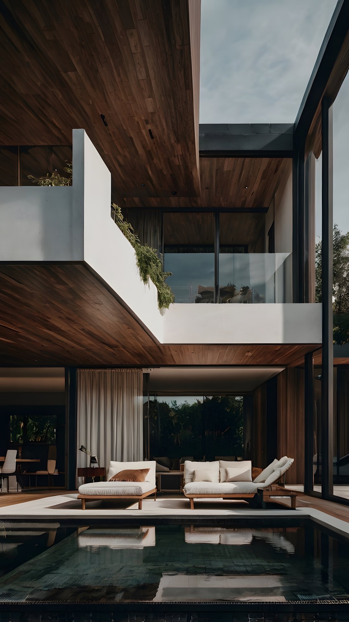 A modern luxury villa with a glass facade overlooking a still reflecting pool at dusk