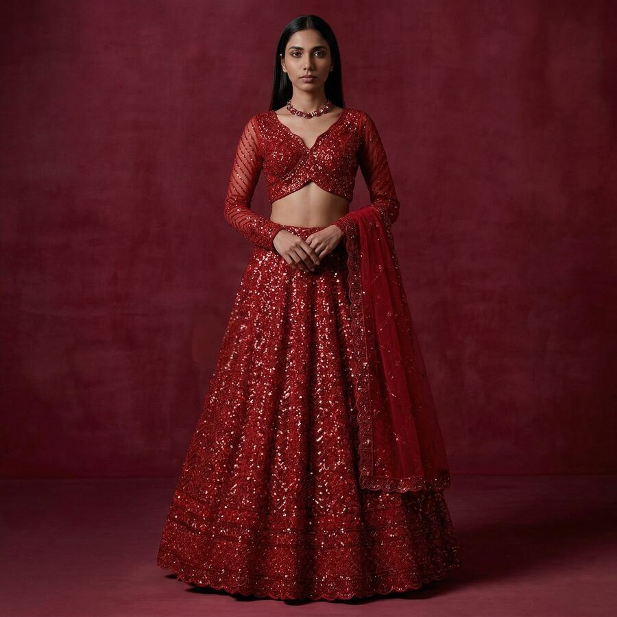 AI campaign shot — red bridal lehenga