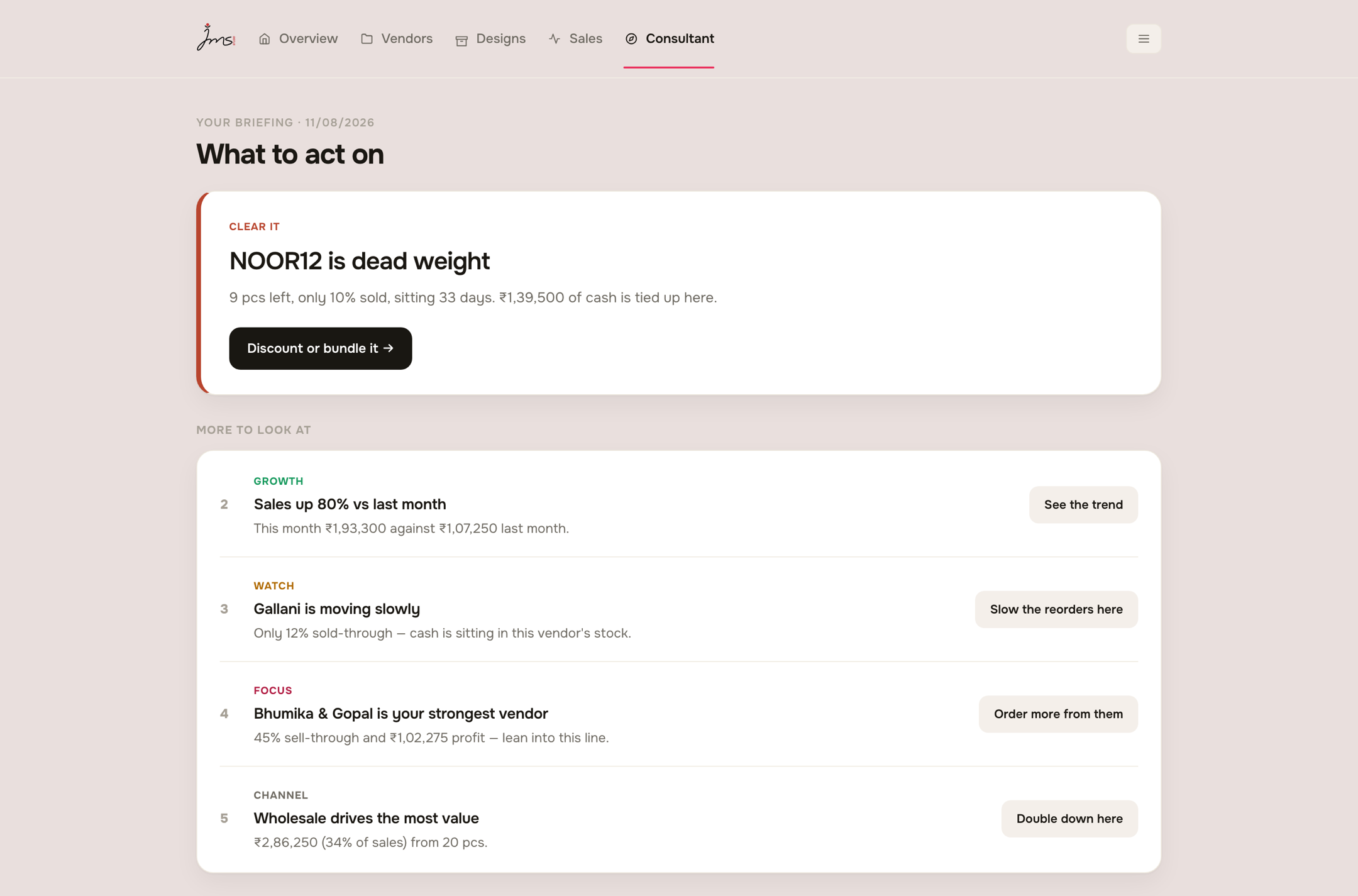 Parakh's briefing screen: a ranked list of what to act on, written in plain language.