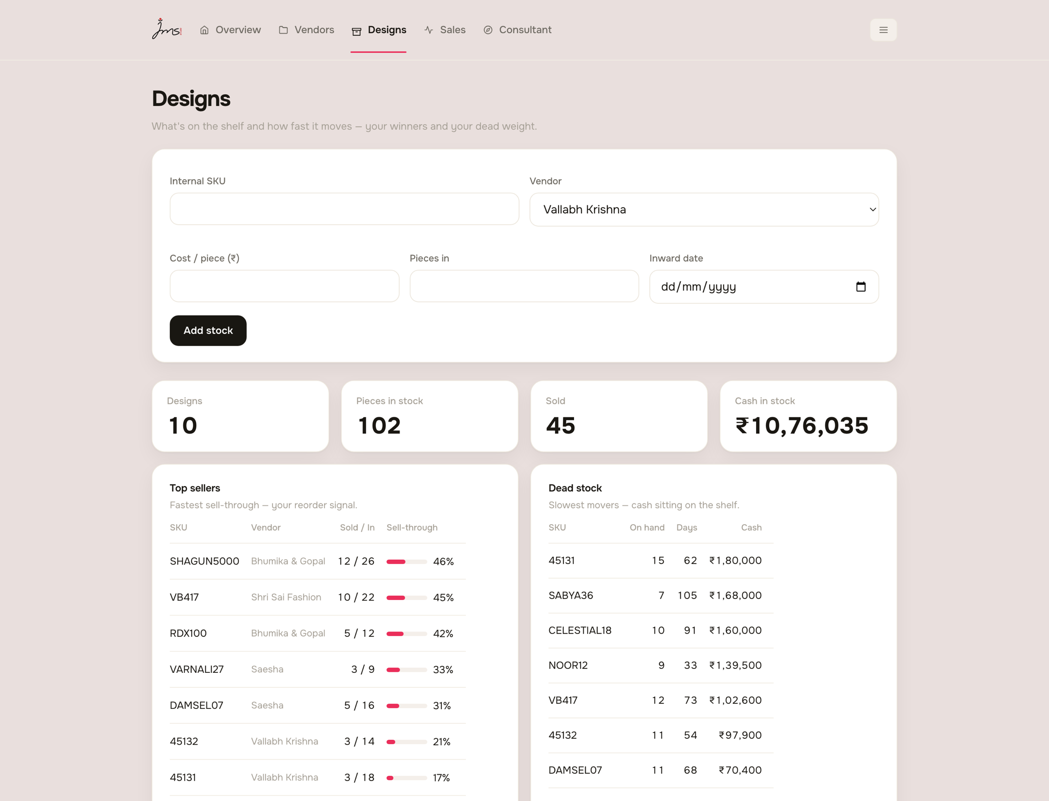 The designs screen resolving from a blur into sharp figures: sell-through, cash tied up, top sellers and dead stock.