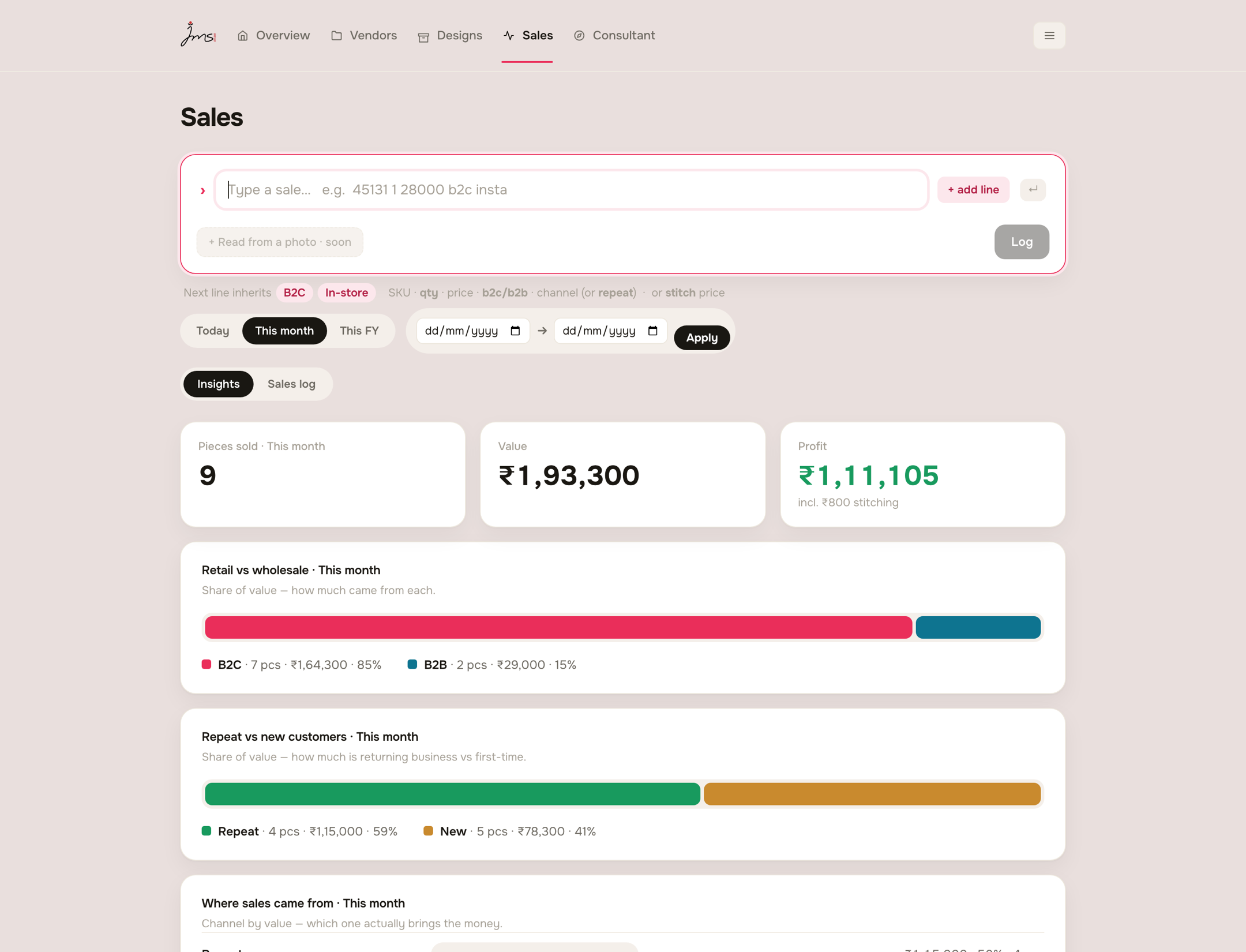 Parakh's sales screen: a single command line for logging a sale, with the month's pieces, value and profit, and a share-of-value split between retail and wholesale.