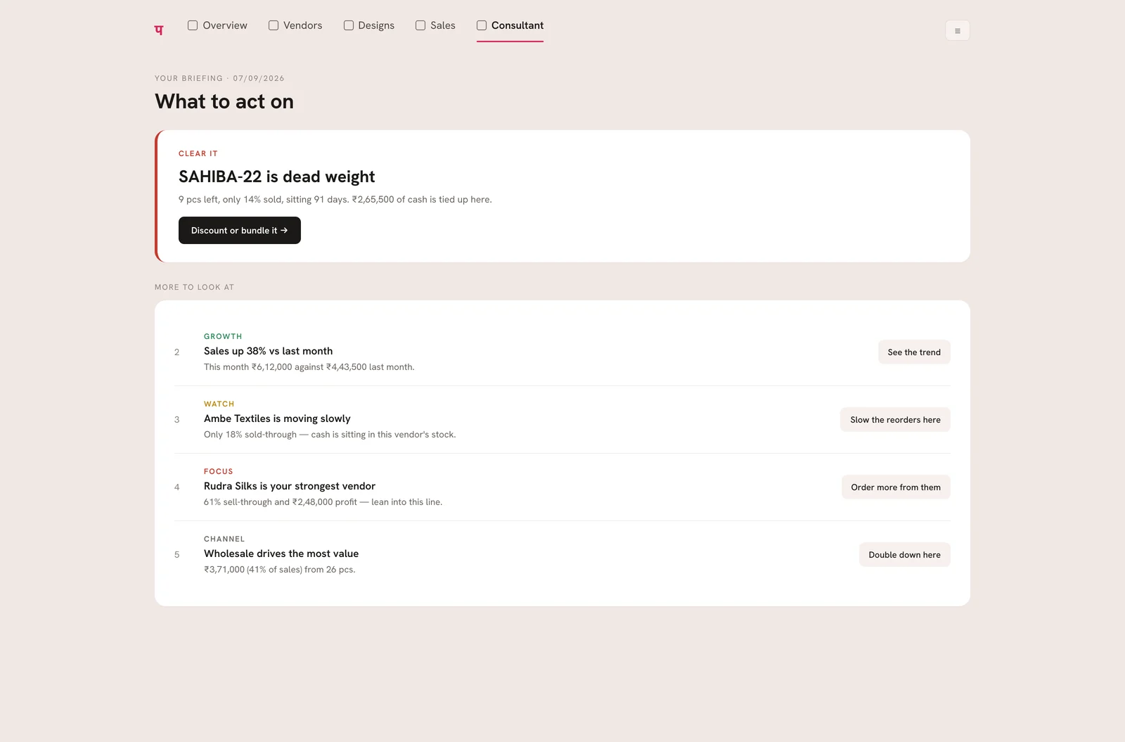 Parakh's Consultant screen, headed What to act on: a ranked list of plain-language findings for the week, each with the design or vendor it concerns, the reason, and a button that opens the screen that answers it.